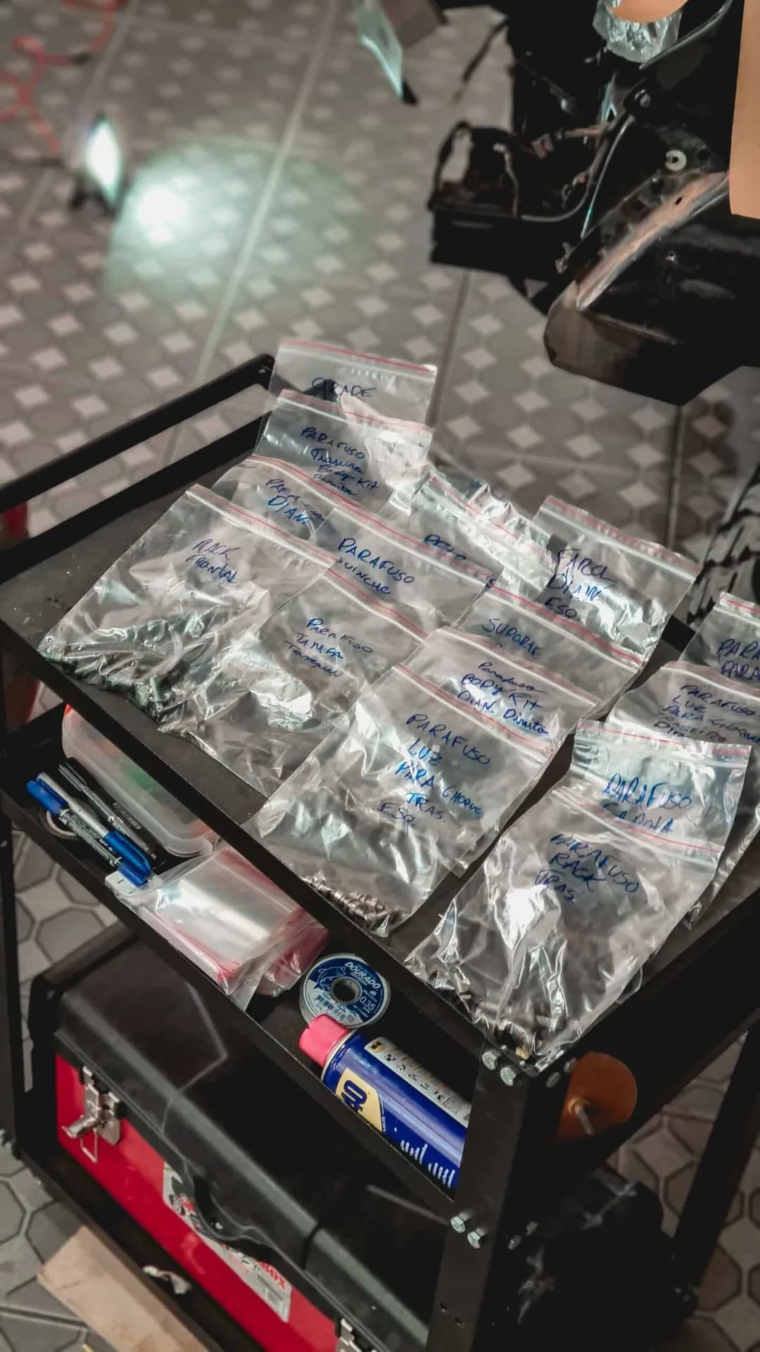 Parafusos e peças organizados em sacos identificados